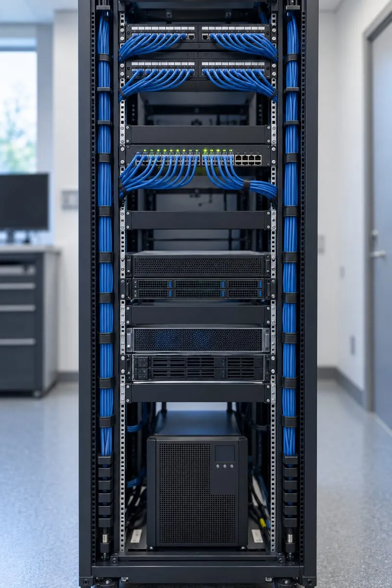 Server rack with blue cabling and network equipment