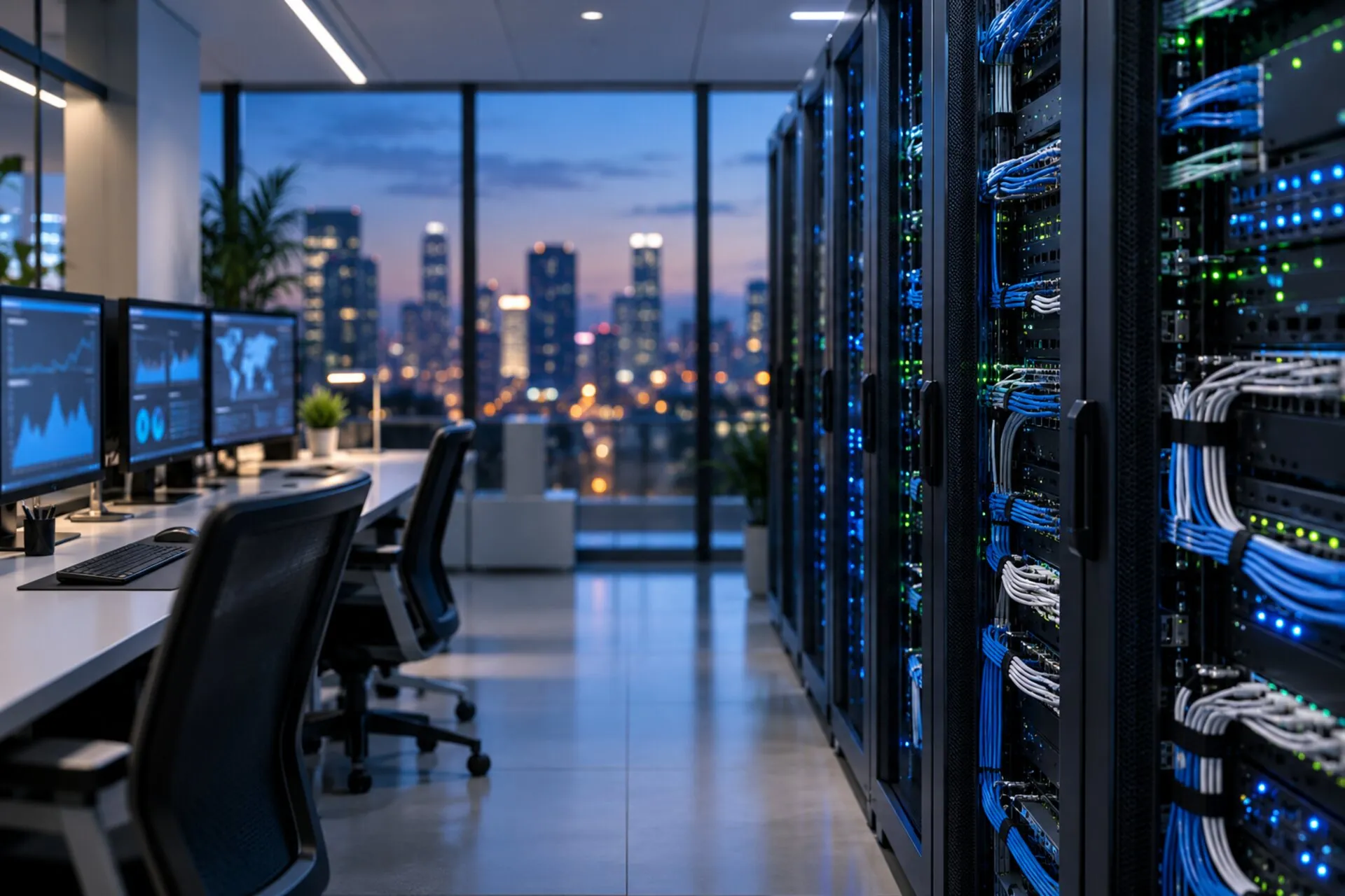 Server room with rows of data center equipment
