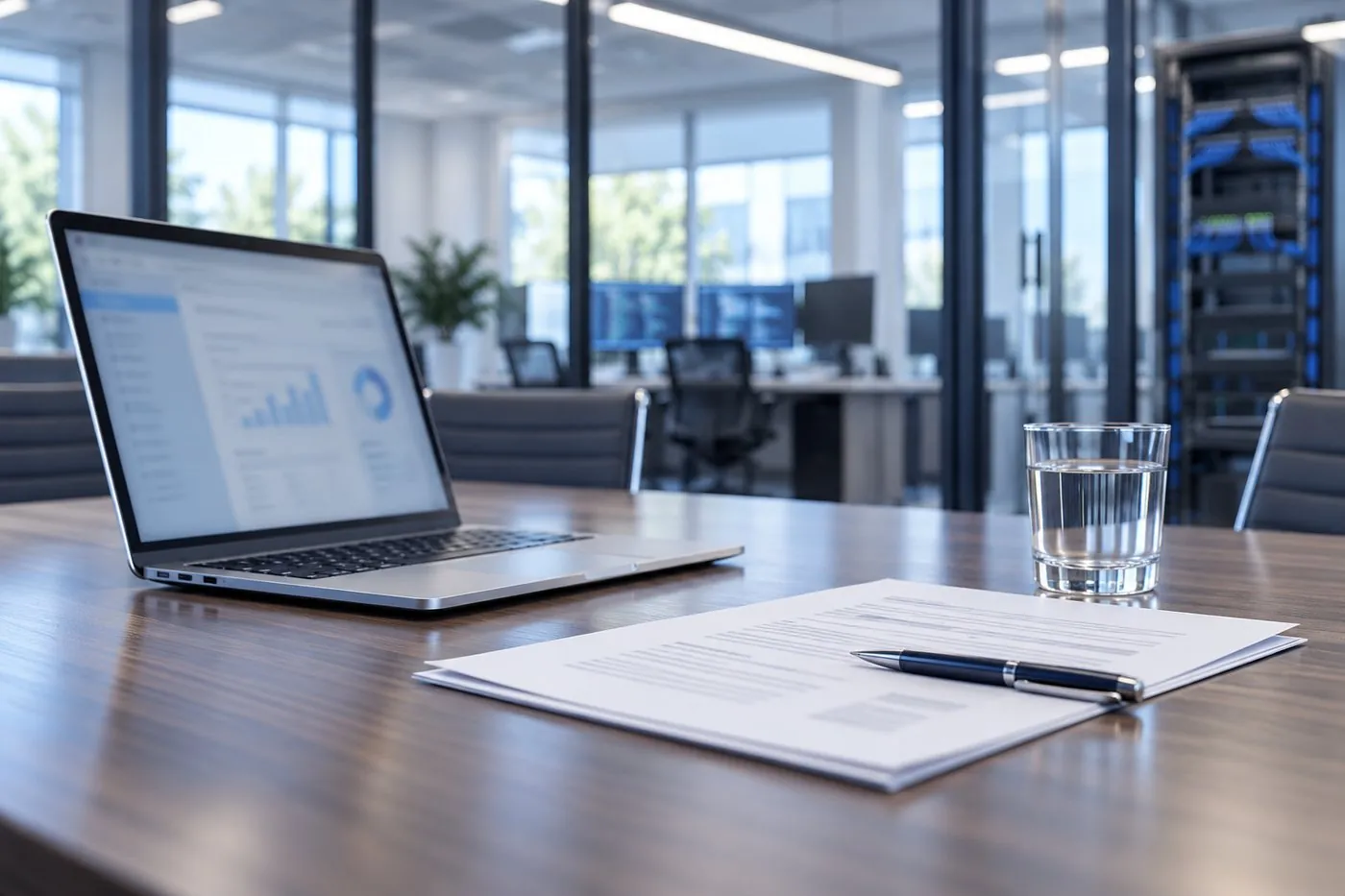 A conference table in a modern office with a laptop showing dashboard charts, printed documents, and a glass of water